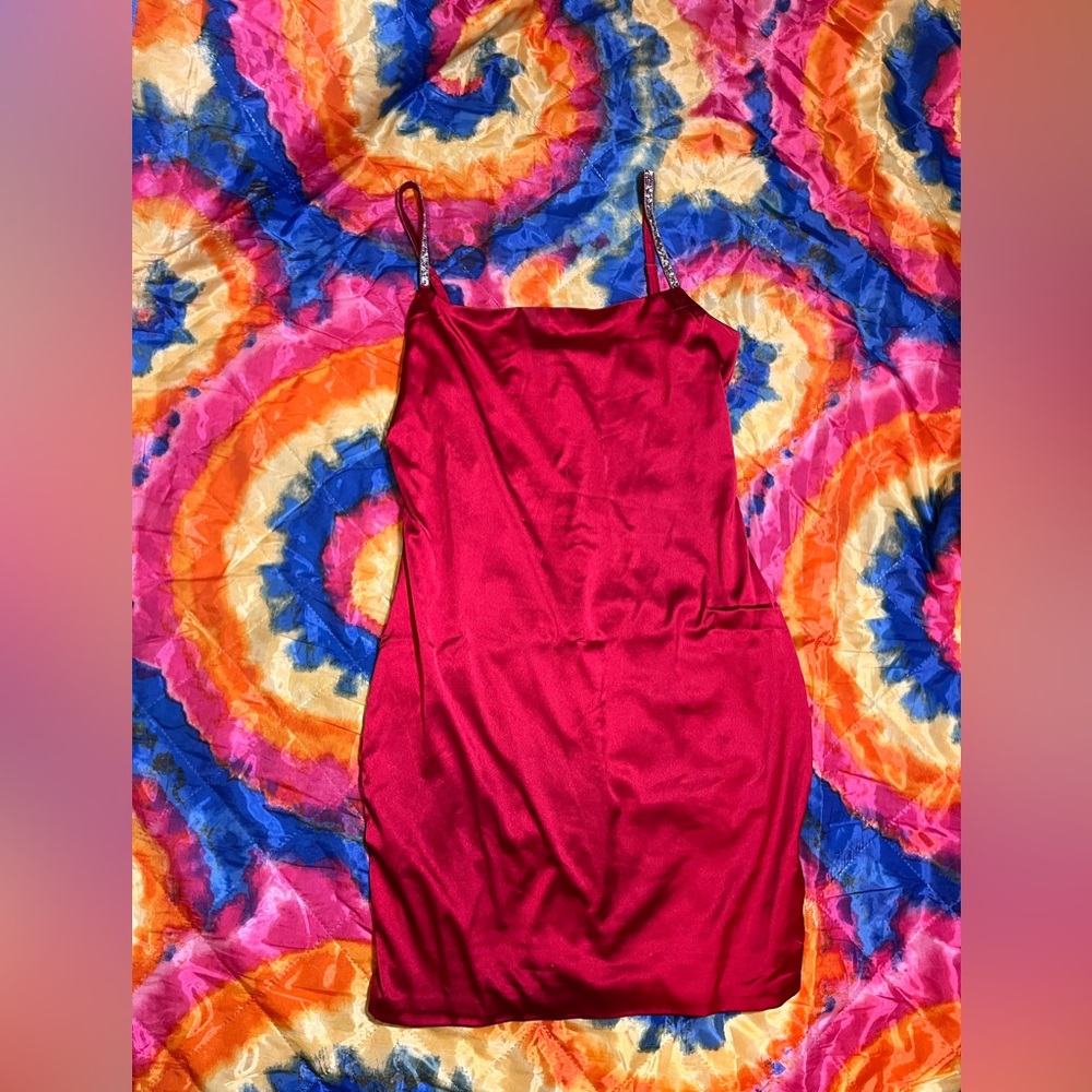 Large red satin dress with crystals on straps